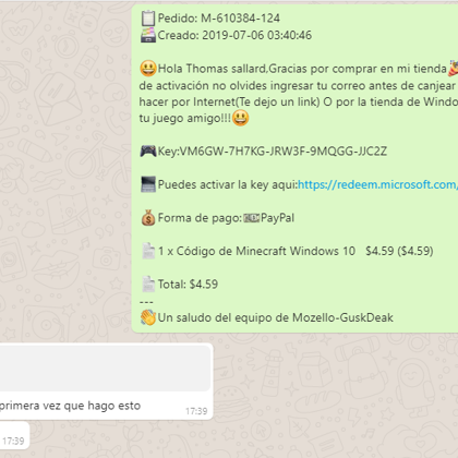 Comprador Thomas Recibiendo su codigo por Whatsapp-Creado: 2019-07-06 03:40:46