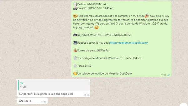 Comprador Thomas Recibiendo su codigo por Whatsapp-Creado: 2019-07-06 03:40:46